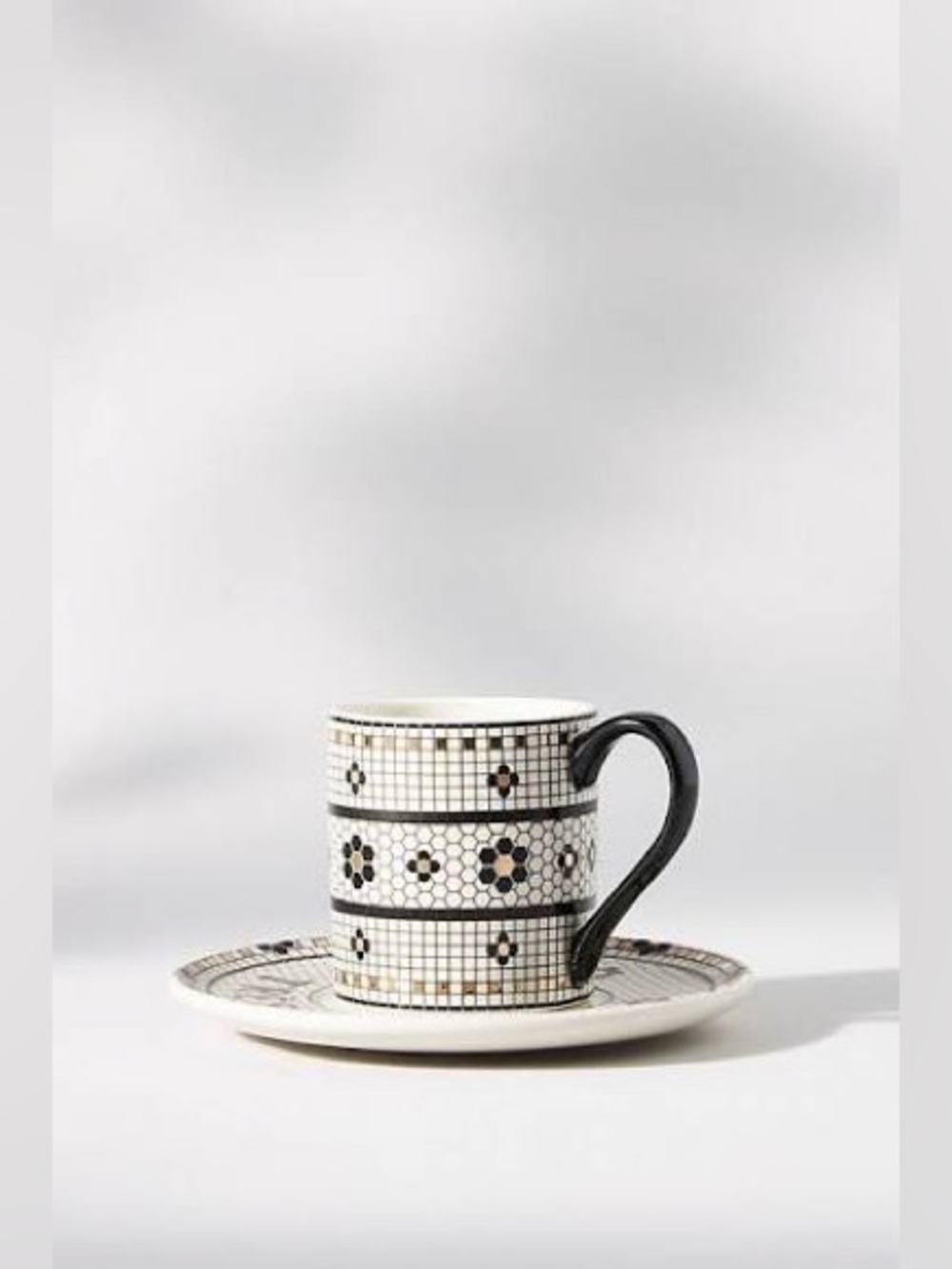 Anthropologie Bistro Tile Stoneware 24k Gold Accent Espresso Cup & Saucer